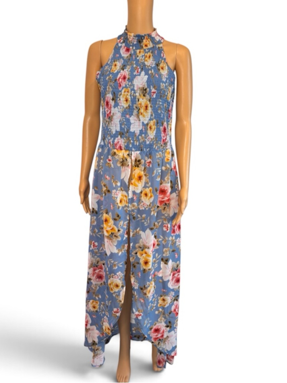 Venus sz L Flowy Split Skirt Maxi Sleeveless Smocked Hi Neck Resort Dress Cover